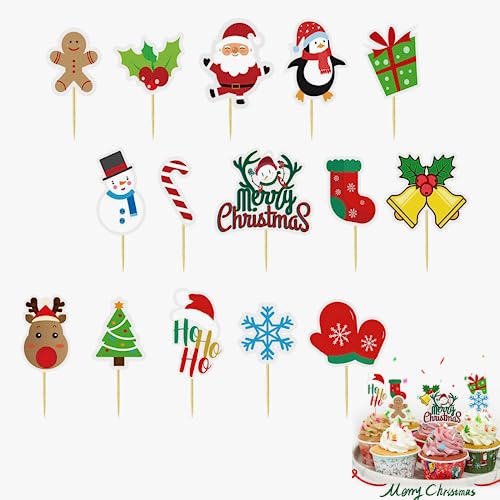 Weihnachten Cupcake Toppers,60 Stück Weihnachts Cupcake Dekorationen,Weihnachten Zahnstocher Toppers,Kuchen Tortendekoration Muffin Topper für Weihnachten Kuchen Dekorationen Party von Larfraecy