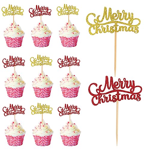 Weihnachten Kuchen-Aufsätze 40Stück Gold und Rot Glitter Merry Christmas Cake Topper,Cake Decor Party Supplies,Weihnachten Thema Geburtstag Party Dekorationen für Weihnachten,Neujahr,Zeremonie von Larfraecy