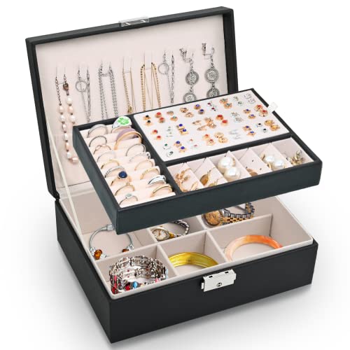 Larkumio Schmuckkästchen Mädchen Damen Groß, Schmuckaufbewahrung Schmuckkasten Sperren Schmuckschatulle, PU Leder Schmuckkiste 2 Schicht Jewelry Box Schmuckbox für Halsketten Ohrring, Schwarz von Larkumio