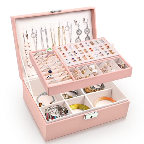 Larkumio Schmuckkästchen Mädchen Damen Groß, Schmuckaufbewahrung Schmuckkasten Sperren Schmuckschatulle, PU Leder Schmuckkiste 2 Schicht Jewelry Box Schmuckbox für Halsketten Ohrring Ring, Rosa von Larkumio