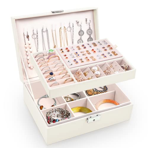 Larkumio Schmuckkästchen Mädchen Damen Groß, Schmuckaufbewahrung Schmuckkasten Sperren Schmuckschatulle, PU Leder Schmuckkiste 2 Schicht Jewelry Box Schmuckbox für Halsketten Ohrring Ring, Weiß von Larkumio