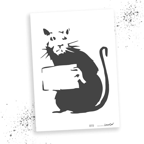 LaserCad Schablonen BANKSY Streetart (B019, Rat with Sign, DIN A2) Stencil für Graffiti, Airbrush, Kunst, Deko, zum Malen von LaserCad