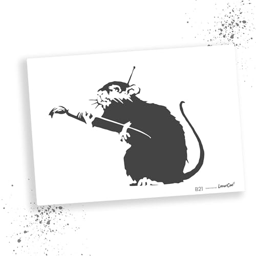 LaserCad Schablonen BANKSY Streetart (B021, Rat with Brush, DIN A3) Stencil für Graffiti, Airbrush, Kunst, Deko, zum Malen von LaserCad