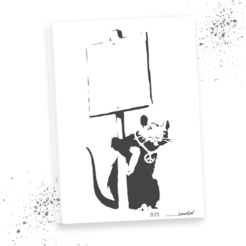 LaserCad Schablonen BANKSY Streetart (B025, Rat holding Sign, DIN A2) Stencil für Graffiti, Airbrush, Kunst, Deko, zum Malen von LaserCad