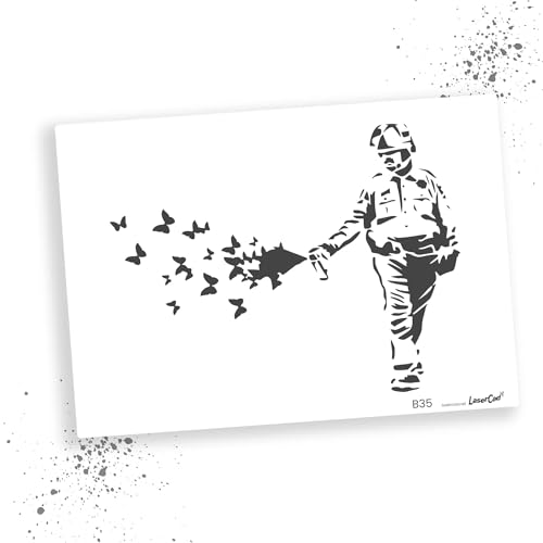 LaserCad Schablonen BANKSY Streetart (B035, Cop Spraying Butterflies Graffiti, DIN A3) Stencil für Graffiti, Airbrush, Kunst, Deko, zum Malen von LaserCad