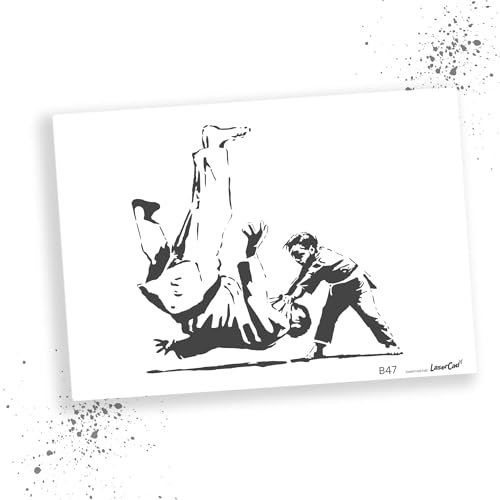 LaserCad Schablonen BANKSY Streetart (B047, Judo Boy (Ukraine), DIN A7) Stencil für Graffiti, Airbrush, Kunst, Deko, zum Malen von LaserCad