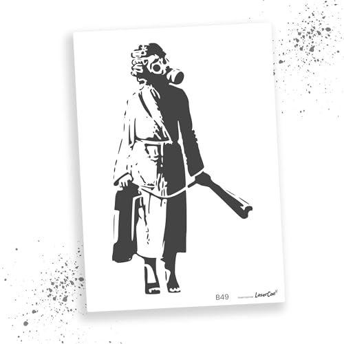 LaserCad Schablonen BANKSY Streetart (B049, Woman in Gasmask (Ukraine), DIN A4) Stencil für Graffiti, Airbrush, Kunst, Deko, zum Malen von LaserCad