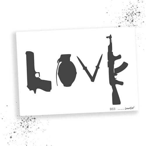 LaserCad Schablonen BANKSY Streetart (B063, LOVE Guns and Weapons, DIN A2) Stencil für Graffiti, Airbrush, Kunst, Deko, zum Malen von LaserCad