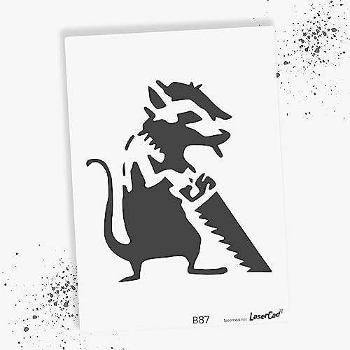 LaserCad Schablonen BANKSY Streetart (B087, Rat with Saw, DIN A2) Stencil für Graffiti, Airbrush, Kunst, Deko, zum Malen von LaserCad