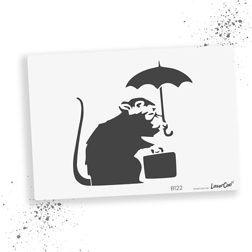 LaserCad Schablonen BANKSY Streetart (B122, Umbrella Rat with Case, DIN A5) Stencil für Graffiti, Airbrush, Kunst, Deko, zum Malen von LaserCad