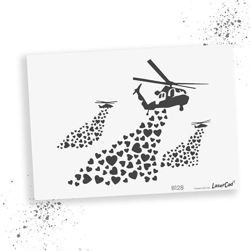 LaserCad Schablonen BANKSY Streetart (B128, Helicopter Hearts, DIN A4) Stencil für Graffiti, Airbrush, Kunst, Deko, zum Malen von LaserCad