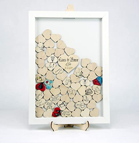 Laserano - Besonderes personalisierbares Gästebuch aus Holz 56 x 41 cm weiß lackiert + Herzen zum Beschriften z.B. für Hochzeit - Hochzeitsgästebuch mit Echtglas made in Germany von Laserano