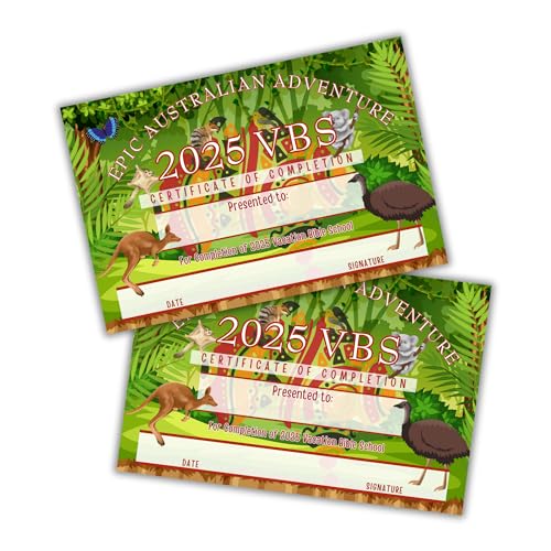 2025 VBS Epic Australian Adventure Certificate of Completion 50 pk 15,2 x 22,9 cm Vacation Bible School Award Teilnahme Australien Animal Themed von Lashicorn