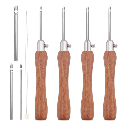 Laspi Stickstift mit Holzgriff, 7-teilig, mit 3 Nadelkopf und Einfädler, Stanznadel-Set für Stickerei, Handwerk, Verzierung von Laspi