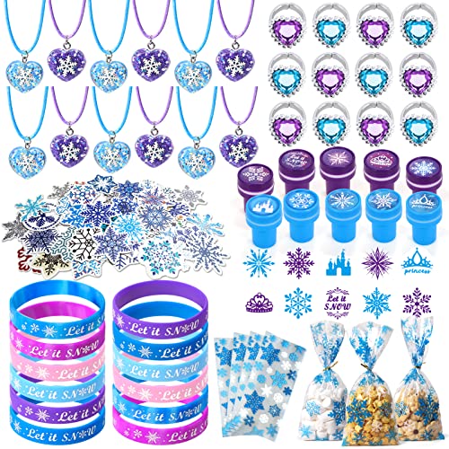 130 Stück Frozen Party Geburtstag Geschenk Mädchen Prinzessin Halskette Schneeflocke Armband Silikon Ring Krone Schloss Stempel Aufkleber Frozen Prinzessin Gefälligkeiten Zubehör Geschenk Tasche von Latocos