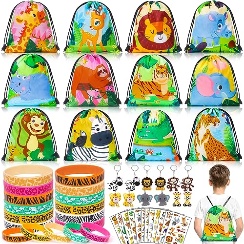 Latocos 48Pcs Dschungel Party Mitgebsel kindergeburtstag Geschenktüten Sporttasche Silikonarmband Schlüsselanhänger Aufkleber für Kinder Jungen Safari Tiere Deko Waldtiere Themed Party von Latocos