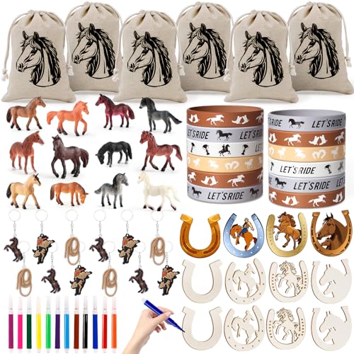 Pferde Party Mitgebsel Kindergeburtstag Junge West Cowboy Holz Hufeisen Basteln Aquarellstifte Geschenktüten Jutebeutel mit Kordelzug Pferde Figuren Armbänder Schlüsselanhänger Give Aways Gastgeschenk von Latocos