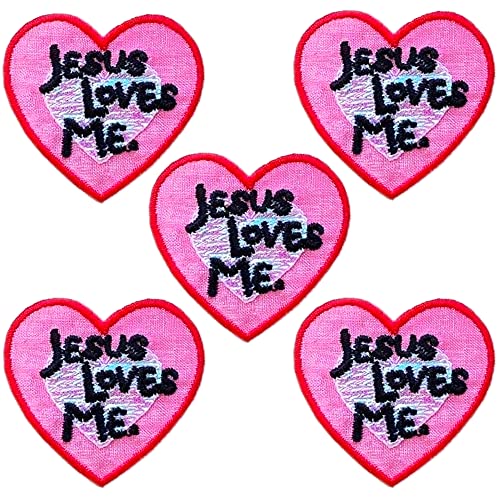 Laughing Lizards Jesus Loves Me Herz-Flicken (5er-Pack) religiöser Aufnäher zum Aufbügeln, bestickte Applikation – Verzierungen für Kleidung, Jacken, Rucksäcke und Dekorationen (5 Stück, Jesus liebt von Laughing Lizards