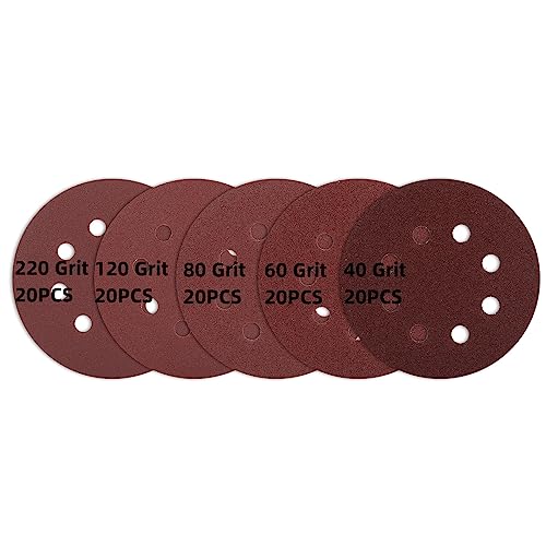 100 Stück Schleifpapier 125mm Klett, 8 Löcher Rund Schleifscheiben, Schleifblätter Set Exzenterschleifer Mischkorn für Holz Metall, 20*P40/P60/P80/P120/P220 von Lauqikcat