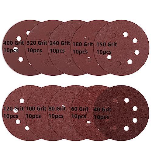 100 Stück Schleifpapier 125mm Klett, 8 Löcher Rund Schleifscheiben, Schleifblätter Set Exzenterschleifer Mischkorn für Holz Metall, je10x: P40 - P400 von Lauqikcat