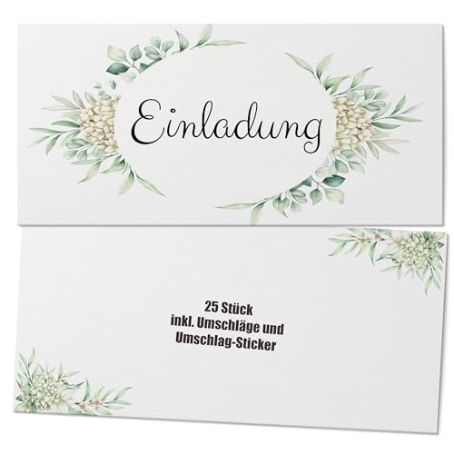 Laurea Verde 25 Einladungskarten für Hochzeit Geburtstag Konfirmation Taufe Kommunion DIN lang 21,0 x 10,5 cm MIT Umschlag und Wax-Siegel-Aufkleber | ** NEUES DESIGN: BOHO-HORTENSIE** von Laurea Verde