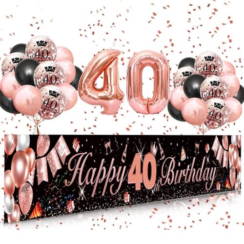 Laurel & Mason Party-Dekorationspaket zum 40. Geburtstag in Roségold und Schwarz – Folien-Zahlenballons 'Happy Birthday' Banner-Set von Laurel & Mason