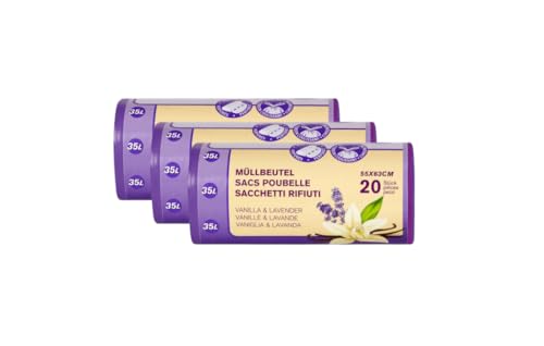 Müllbeutel Allzweckbeutel Reißfeste Müllbeutel mit Zugband 35L - Vanilla & Lavender 3 Rollen x 20 Beutel von Lauroo