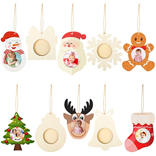 40 Stück Weihnachten Bilderrahmen Ornamente Unfertige Holz Bilderrahmen Xmas Holz Foto Ornamente DIY Bild Ornamente Weihnachten Thema Bild Ornament Handwerk mit Seil für DIY Malerei, 10 Stile von Lauwell