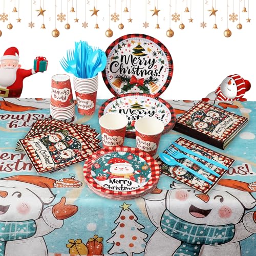 141Pcs Xmas Santa Schneemann Einweg Papiergeschirr,Weihnachts Partygeschirr, Weihnachtsfeier Dekorationen Geschirr Set, Weihnachten Deko Kindergeburtstag für Weihnachten Party (Weihnachtsmann) von LavishSunflower