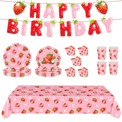 Erdbeer -Themengeburtstagsfeier, 70pcs/festgelegtes Einweg -Erdbeer -Babyparty -Dekorationen umfasst 54x108 Strawberry -Tischdecke, Erdbeerbecher, Banner, 7 ＆ 9 Zoll Erdbeerplatten und Servietten von Lawnrden
