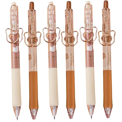 Kawaii Gel Ink Stift, 6pcs Retraktierbare Karamellpudding -Bärenstifte, glatt schwarzer feiner Kugelschreiber für Bärenliebhaber Schulbüro Vorräte von Lawnrden