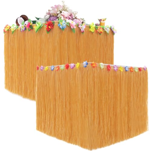 Lawnrden Hawaiianischer Tischrock, 2pcs Blumenmedierte Raffia Fransengras-Tischrock für Tropische Tiki-Thehemed-Geburtstagsfeier (Gelb) von Lawnrden