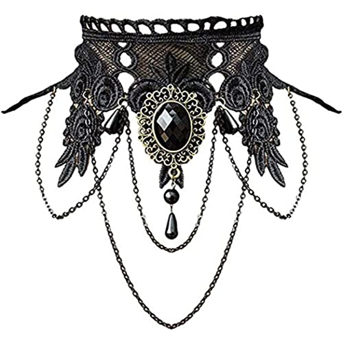 Lawnrden Punkrock Hochzeitsfeier Schwarzer Spitze Choker Gothic Retro Perlen Kette Halloween Cosplay Vampire Anhänger Halskette für Frauen Mädchen, von Lawnrden