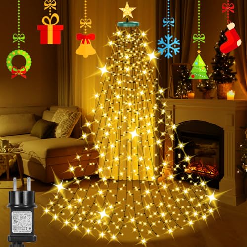 Laybasic Christbaumbeleuchtung mit Ring und Stern, 2m 410 LEDs Lichterkette Weihnachtsbaum Beleuchtung mit 8 Modi Timer, Wasserdicht LED 16 Stränge, für 150cm bis 220cm Tannenbaum, Warmweiß von Laybasic