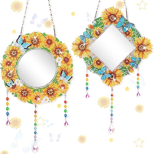 2 x Spiegel für Diamantmalerei, Sonnenblumen-Diamantmalerei, Make-up-Spiegel für Erwachsene und Kinder, speziell geformtes Kristall-Diamantgemälde, Sonnenfänger für Anfänger, Kunst, Handwerk, von LazyFold