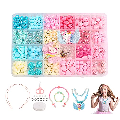 480-teiliges Tonperlen-Set Armband Schmuck oder Halskettenherstellungs-Set für Mädchen 24 Stile Acrylperlen Einhorn Geschenke für Mädchen DIY Kunst und Handwerk für Kinder Geburtstagsgeschenke von LbsAMP