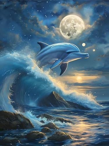 5D DIY Diamond Painting Delfin Mond Diamond Painting Kinder Erwachsene Set, Diamond Painting Zubehör, Full Crystal Art Cross Stitch Embroidery Canvas Painting, Für Home Christmas Decor 35x40cm Y-190 von Lchtooog