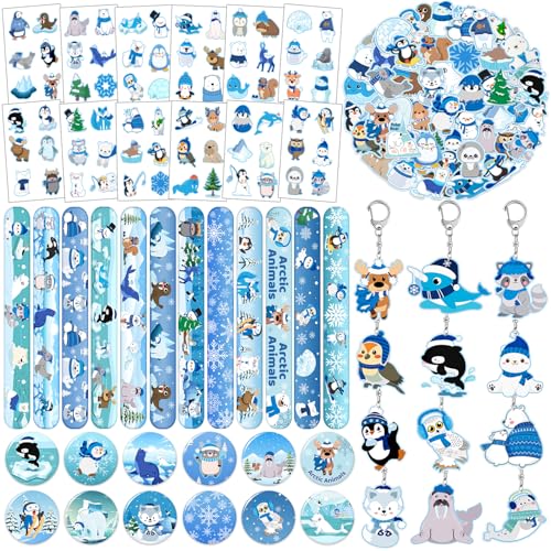 98 Stück Winter Arktis Tiere Party Favors, Winter Arktis Polartiere Aufkleber Temporäre Tattoos Slap Armbänder Schlüsselanhänger Abzeichen Geschenktüten Arktische Tiere Geburtstag Party Dekorationen von Lcnjscgo