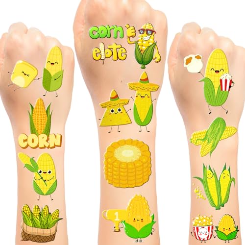 Lcnjscgo 192 Stück Maiskolben temporäre Tattoos, Maiskolben, Partyzubehör, Geburtstagsparty-Dekorationen, Geschenke für Kinder, Mädchen, Jungen, Klassenzimmer, Belohnungen, 16 Blatt von Lcnjscgo