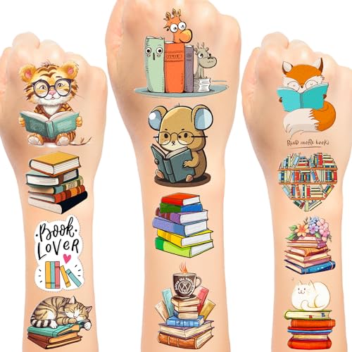 Lcnjscgo 24 Blatt (144 Stück) Lesebuch temporäre Tattoos Aufkleber, Lesebuch, Partyzubehör, Geburtstagsdekorationen, Geschenke für Kinder, Teenager, Jungen, Mädchen, Buch, Klassenzimmer, Belohnungen von Lcnjscgo