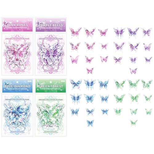 LdawyDE Glitzer Sticker, 80Stk Schmetterling Sticker Vier Farben 3D Holographische PET Aufkleber Schmetterling Sticker Glänzende für DIY, Scrapbooking und Dekoration von LdawyDE