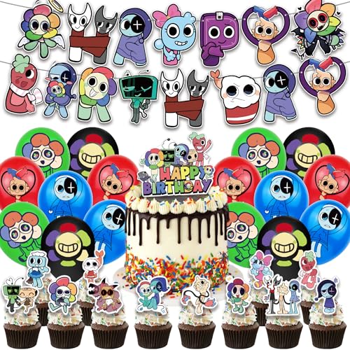 Dandy's World Geburtstag Party-Dekorationen 30pcs Cartoon Thema Party Dekoration Set Luftballons Geburtstagsdeko Cupcake-Topper Anime Party Set für Kindergeburtstag von Ldruieu