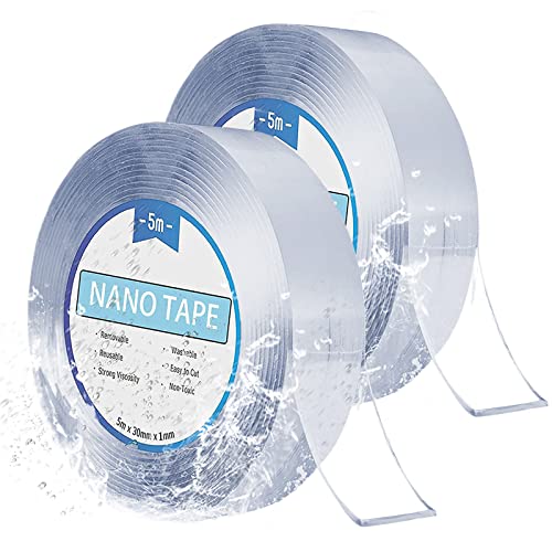 LeFeirr 5Mx30MM Nano Klebeband Doppelseitig Extra Stark, 2 Pack Wiederverwendbares Doppelklebeband Transparent Waschbares Spurloses Nano Tape für Wandfotos, Poster, Teppiche von LeFeirr