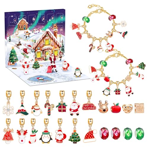 LeKing 2024 Adventskalender für Mädchen, Weihnachts-Countdown-Adventskalender - Handgefertigtes Perlenarmband-Set | 22 Charm-Perlen, 2 Armbänder, Schmuckherstellungsset, Advents-Countdown-Kalender, von LeKing