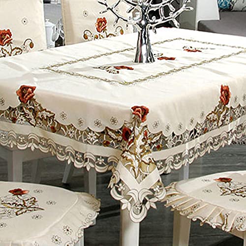 LeLehome 147 x 213 cm, längliche Tischdecke mit Rüschen und roten Rosen, bestickt, klassische Spitze, cremefarben, beige, Tischdecke, für Esszimmer, Küche, Party, rechteckig von LeLehome