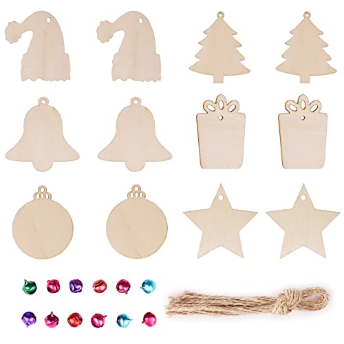 Holzscheiben Set für Brandmalerei, 12 Stück holzplatte für DIY Handwerk hängende Dekorationen Weihnachtsschmuck, mit 12 Hanfseil und 12 Glocke-8 cm Durchmesser-6 verschiedene Formen von LeaderPro