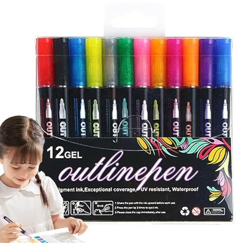 LearnLyrics Schimmernde Marker, Zeichnungs-Doodle-Konturmarker,Gel-Konturstifte - Outline Marker Stocking Stuffers, Outline Gelstift Mit Ultrafeiner Spitze Für Kinder-Weihnachtsgruß-Kritzelkarten von LearnLyrics