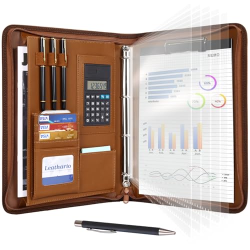 Leathario A4 Konferenzmappe, Schreibmappe mit Reißverschluss,Ringbuchmappe Portfolio, Dokumentenmappe Aktenmappe Mappe Schreibblock Braun von Leathario
