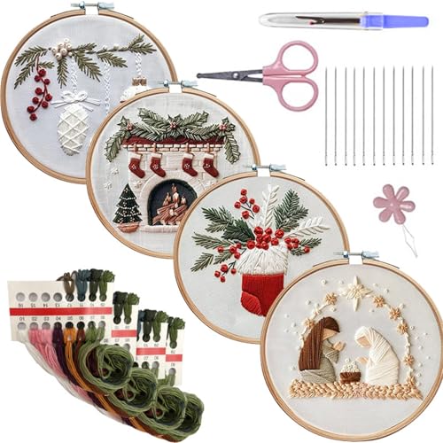 Lebartm 4Stück DIY Stickset für Anfänger Kreuzstich Kits Handstickerei Pflanzenmuster Stickgarn-Kit für Craft Lover Handstich mit Stickerei-Stoff-4 von Lebartm