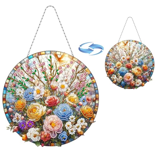 Lebartm DIY Diamant-Anhänger Ornament Doppelseitiges Muster Speziell geformter Kristall Diamond Art Painting Hanging einseitig für Haus Garten Wand Tür Dekor-Blume02 von Lebartm